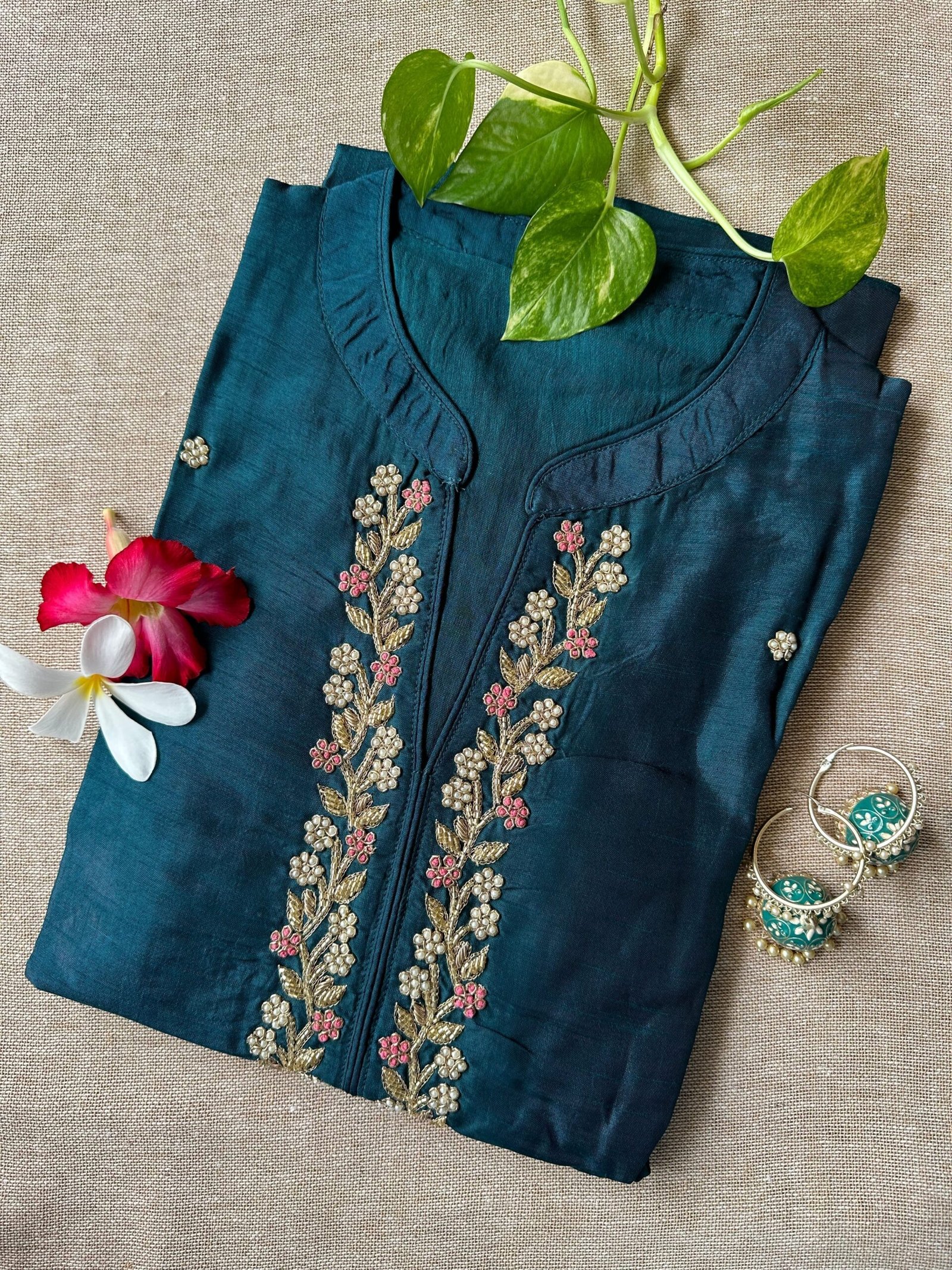 IMG_3048-scaled-1.jpg "Meena" Hand Embroidered Turquoise Silk Kurta - Image 1