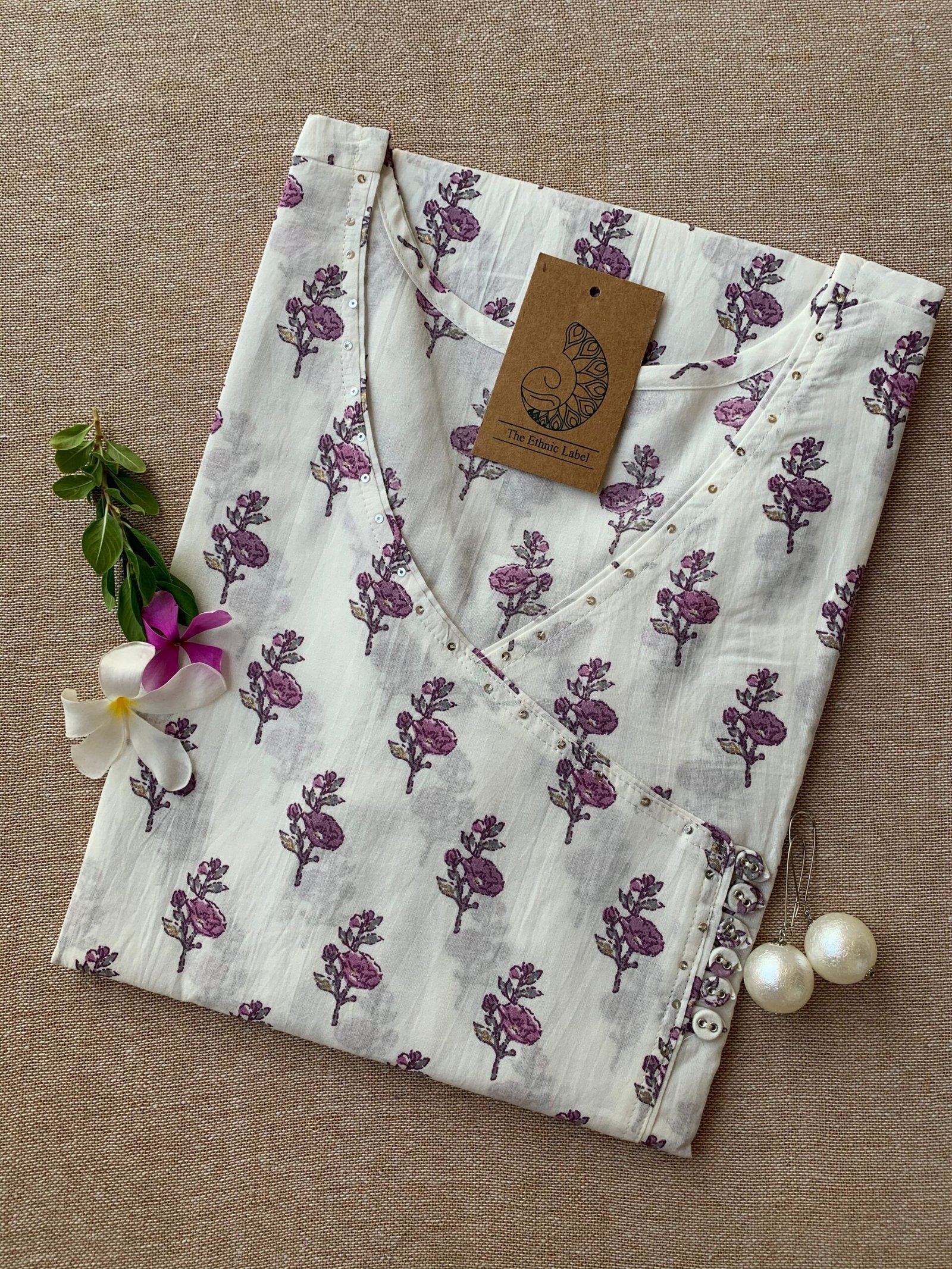 IMG_7042-scaled-1.jpg "Purple Pansy" White Angrakha Cotton Kurta - M - Image 1