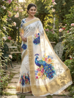 White & Blue Floral Printed Dola Silk Saree