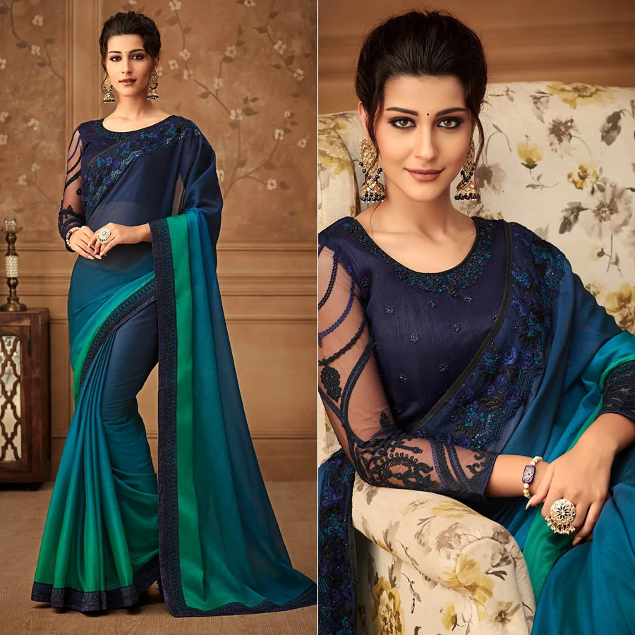 blue-and-green-floral-sequence-embroidered-chiffon-saree-peachmode-1 Blue & Green Floral Sequins Embroidered Chiffon Saree - Image 1