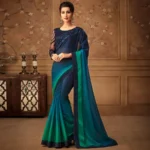 Blue & Green Floral Sequins Embroidered Chiffon Saree - Image 2