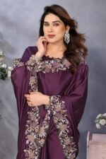 Deep Wine Satin Saree Featuring Floral Embroidery and Elegant Resham Thread Work - Image 5