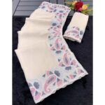 Cream Floral Embroidered Vichitra Silk Saree - Image 4