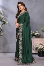 Bottle Green Satin Saree with Delicate Floral Embroidery and Intricate Resham Work - Image 3