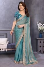 Teal Satin Saree with Solid Body and Decorative Lace Embellished Border – A Modern Ethnic Staple - Image 3