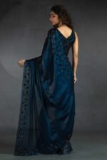 Dark Teal Satin Saree with Stone and Sequin Embellishment - Image 5