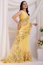 Yellow Floral Embroidered Net Saree - Image 4