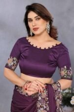 Deep Wine Satin Saree Featuring Floral Embroidery and Elegant Resham Thread Work - Image 6