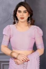 Lilac Purple Silk Blend Saree Adorned with Chemical Lace Edging and Dazzling Stone Accents - Image 6