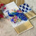 White & Blue Floral Printed Dola Silk Saree - Image 3