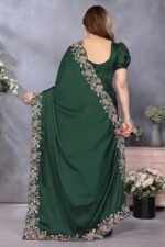Bottle Green Satin Saree with Delicate Floral Embroidery and Intricate Resham Work - Image 4