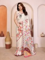 White Silk Blend Saree with Digital Print & Mirror Embellished Border - Image 5