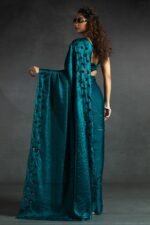 Teal Satin Saree with Stone and Sequin Embellishment - Image 4