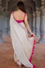 Pastel Grey Sequins Embroidered Jimmy Choo Tissue Saree With Tassels - Image 4