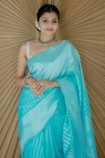 Blue Floral Woven Lichi Banarasi Silk Saree - Image 2