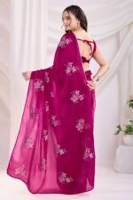Rani Pink Soft Net Saree With Delicate Floral Embroidery & Shimmering Sequins Work - Image 5