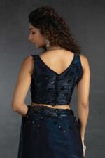 Dark Teal Satin Saree with Stone and Sequin Embellishment - Image 3