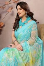 Turquoise Printed Georgette Saree Saree With Tassel - Image 4