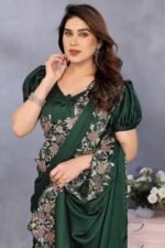 Bottle Green Satin Saree with Delicate Floral Embroidery and Intricate Resham Work - Image 5