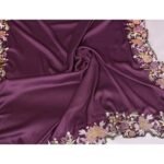 Deep Wine Satin Saree Featuring Floral Embroidery and Elegant Resham Thread Work - Image 7