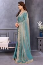 Teal Satin Saree with Solid Body and Decorative Lace Embellished Border – A Modern Ethnic Staple - Image 4