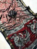 Elegant Red & Black Mulmul Cotton Saree with Kalamkari Peacock Motif Border - Image 3