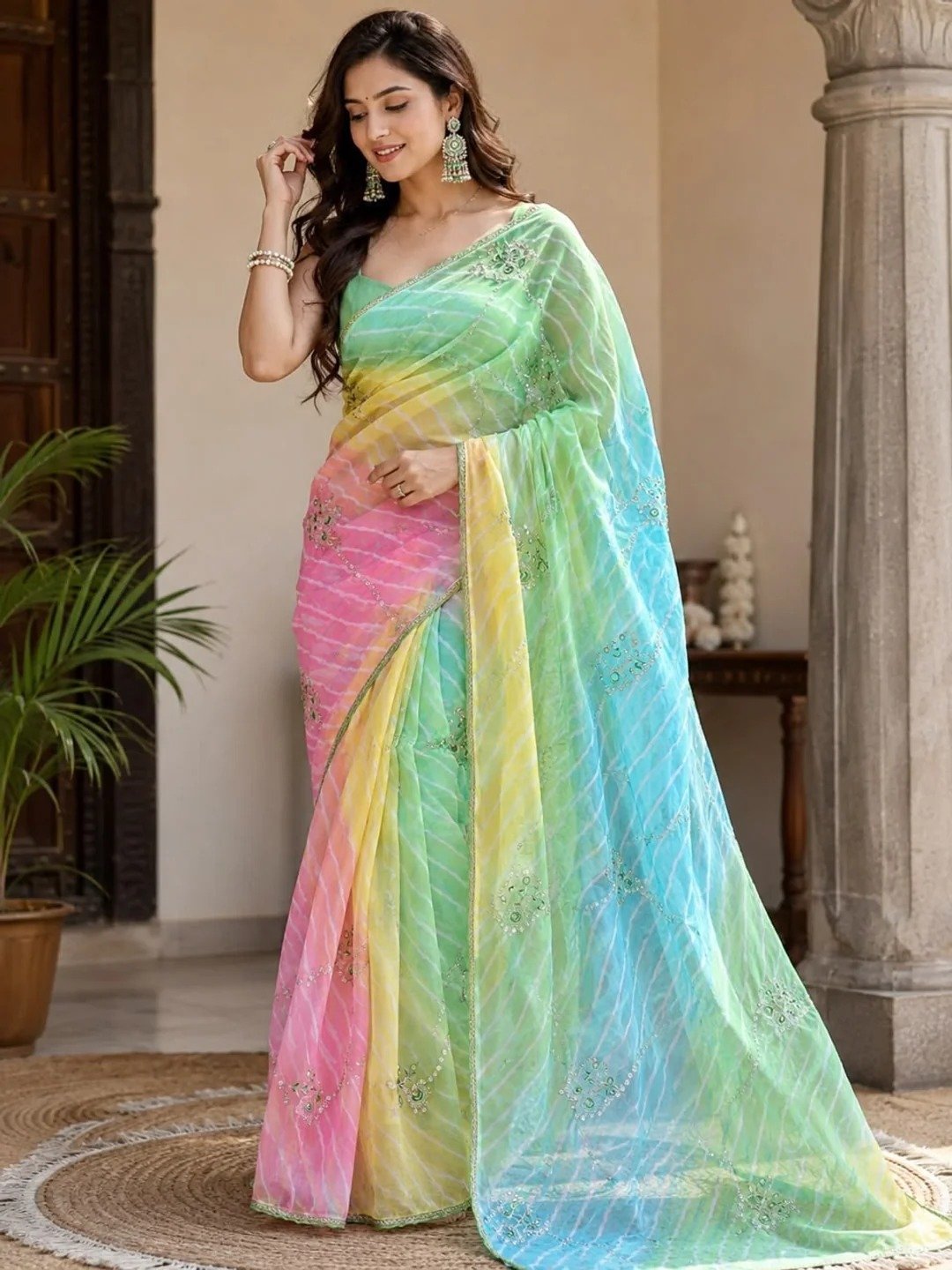 imgi_11_1785323809476-ai-generated-1785323809476 Peachmode Green Multicolor Hand Work Lehariya Georgette Saree - Image 1