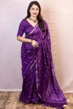 Violet Bandhani Digital Printed Linen Cotton Saree - Image 6