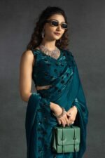 Teal Satin Saree with Stone and Sequin Embellishment - Image 5