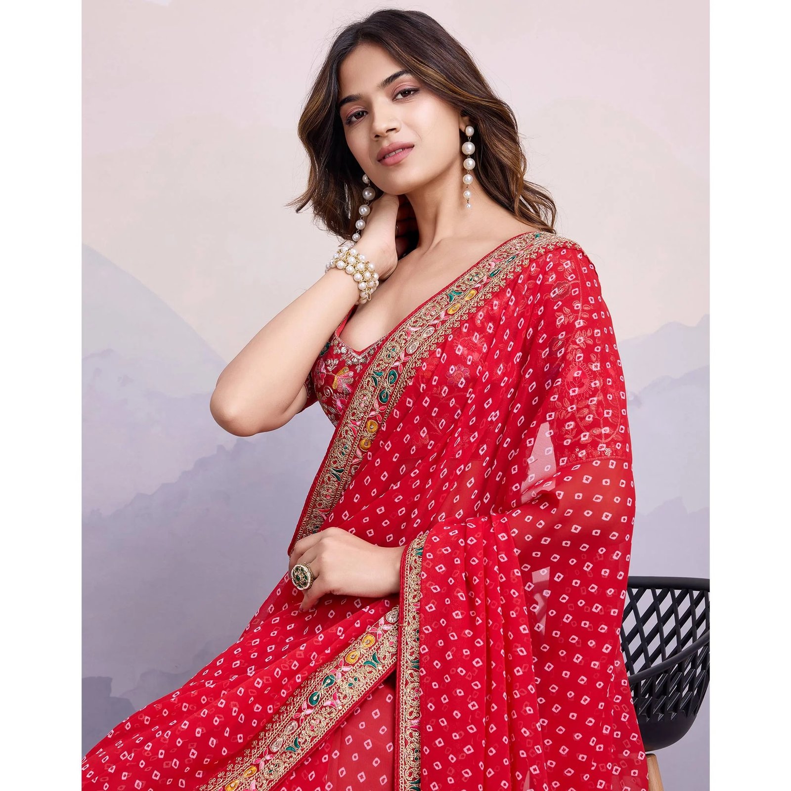 imgi_11_7_VVINT-SAKHI-62535-PEACHMODE Red Bandhani Printed Georgette Saree With Embroidered Lace Border - Image 1