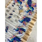 White & Blue Floral Printed Dola Silk Saree - Image 4