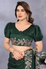 Bottle Green Satin Saree with Delicate Floral Embroidery and Intricate Resham Work - Image 6