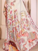 White Silk Blend Saree with Digital Print & Mirror Embellished Border - Image 6