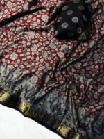 Elegant Red & Black Mulmul Cotton Saree with Kalamkari Peacock Motif Border - Image 4