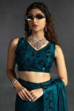 Teal Satin Saree with Stone and Sequin Embellishment - Image 7