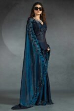 Dark Teal Satin Saree with Stone and Sequin Embellishment - Image 6