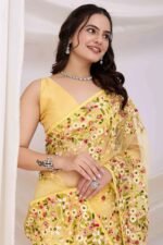 Yellow Floral Embroidered Net Saree - Image 5