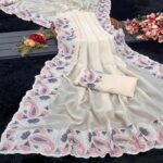 Cream Floral Embroidered Vichitra Silk Saree - Image 6