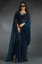 Teal Satin Saree with Stone and Sequin Embellishment - Image 6