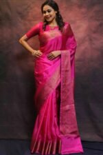 Pink Floral Woven Lichi Banarasi Silk Saree - Image 4