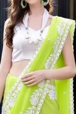 Lime Green Floral Embroidered Georgette Saree - Image 6