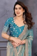 Teal Satin Saree with Solid Body and Decorative Lace Embellished Border – A Modern Ethnic Staple - Image 8