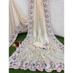 Cream Floral Embroidered Vichitra Silk Saree