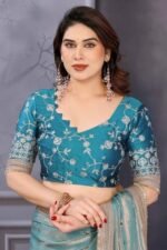 Teal Satin Saree with Solid Body and Decorative Lace Embellished Border – A Modern Ethnic Staple - Image 6