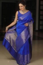 Blue Floral Woven Border Lichi Banarasi Silk Saree - Image 7