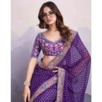 Purple Bandhani Printed Georgette Saree With Embroidered Lace Border - Image 8