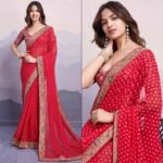Red Bandhani Printed Georgette Saree With Embroidered Lace Border - Image 6
