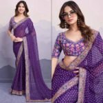Purple Bandhani Printed Georgette Saree With Embroidered Lace Border - Image 6