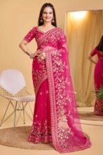 Rani Pink Soft Net Saree With Delicate Floral Embroidery & Shimmering Sequins Work - Image 2