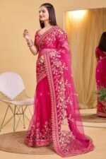Rani Pink Soft Net Saree With Delicate Floral Embroidery & Shimmering Sequins Work - Image 3